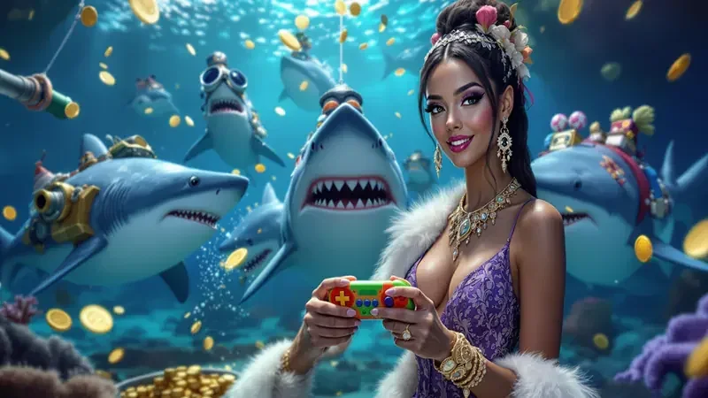 Ilustrasi permainan tembak ikan dengan suasana layar permainan