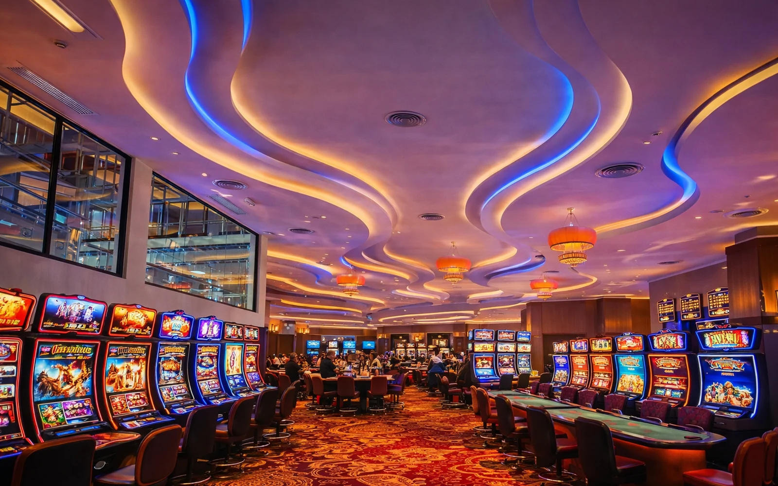 Meja kartu dan chip dalam suasana kasino digital