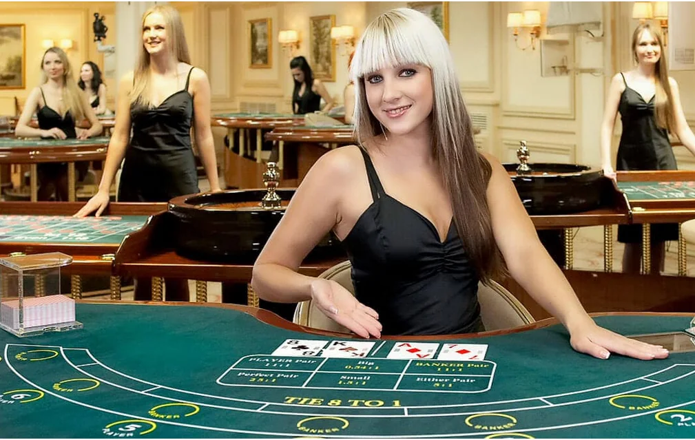 Tampilan meja kasino live dengan dealer dan suasana ruang permainan